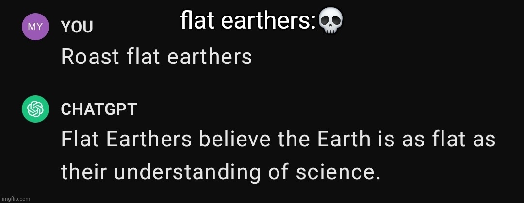 chatgpt speakin' facts | flat earthers:💀 | image tagged in fun | made w/ Imgflip meme maker