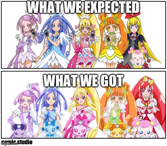 DDPC: Expectation VS. Reality (made by me, comic.studio) | WHAT WE EXPECTED; WHAT WE GOT; comic.studio | image tagged in precure,doki doki precure,comic studio | made w/ Imgflip meme maker