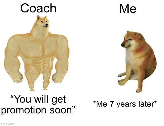Too true | Coach; Me; *Me 7 years later*; “You will get promotion soon” | image tagged in memes,bjj,martial arts | made w/ Imgflip meme maker