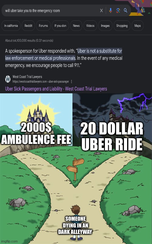 Two Paths | 20 DOLLAR UBER RIDE; 2000$ AMBULENCE FEE; SOMEONE DYING IN AN DARK ALLEY | image tagged in two paths | made w/ Imgflip meme maker