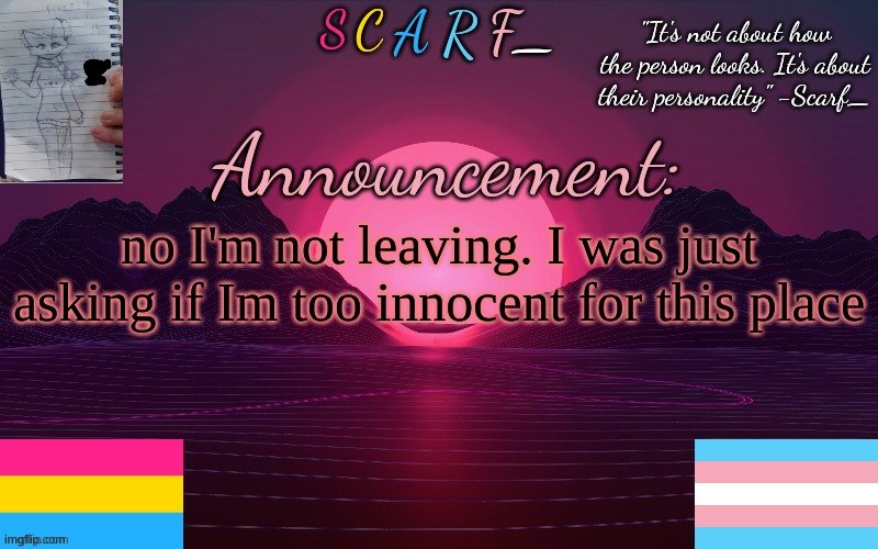 no I'm not leaving. I was just asking if Im too innocent for this place | made w/ Imgflip meme maker
