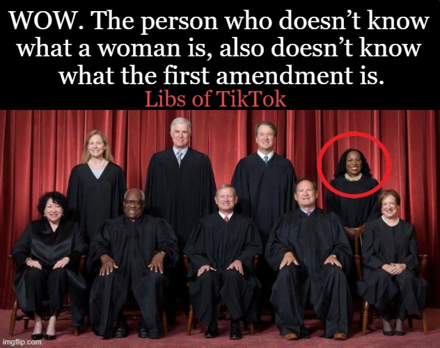 Nailed It !!!!! | WOW. The person who doesn’t know 
what a woman is, also doesn’t know 
what the first amendment is. Libs of TikTok | image tagged in supreme court,justice ketanji brown,1st amendment,what is a woman,confusion,political humor | made w/ Imgflip meme maker