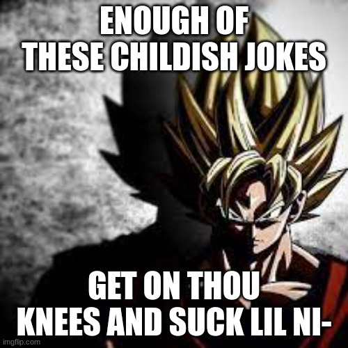 goku | ENOUGH OF THESE CHILDISH JOKES; GET ON THOU KNEES AND SUCK LIL NI- | image tagged in memes | made w/ Imgflip meme maker