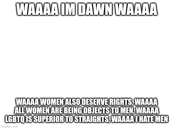 @dawn, I summarized what you're tryna say. welocme. | WAAAA IM DAWN WAAAA; WAAAA WOMEN ALSO DESERVE RIGHTS, WAAAA ALL WOMEN ARE BEING OBJECTS TO MEN, WAAAA LGBTQ IS SUPERIOR TO STRAIGHTS, WAAAA I HATE MEN | made w/ Imgflip meme maker