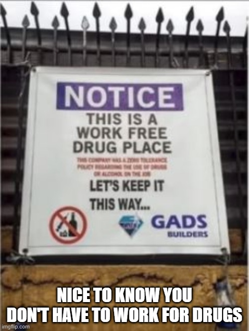 Work Free ( mod note: average high school) | NICE TO KNOW YOU DON'T HAVE TO WORK FOR DRUGS | image tagged in you had one job | made w/ Imgflip meme maker