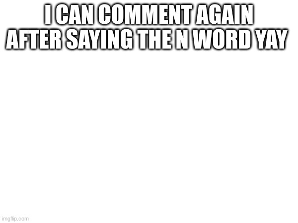 yay | I CAN COMMENT AGAIN AFTER SAYING THE N WORD YAY | image tagged in n word | made w/ Imgflip meme maker