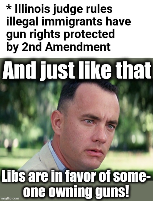 Finally, libs are in favor of some people owning guns | * Illinois judge rules
illegal immigrants have
gun rights protected
by 2nd Amendment; And just like that; Libs are in favor of some-
one owning guns! | image tagged in memes,and just like that,guns,illegal immigrants,migrants,second amendment | made w/ Imgflip meme maker