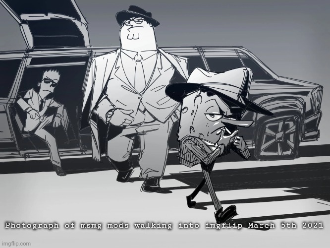 Cartoon Mafia | Photograph of msmg mods walking into imgflip March 5th 2021 | image tagged in cartoon mafia | made w/ Imgflip meme maker