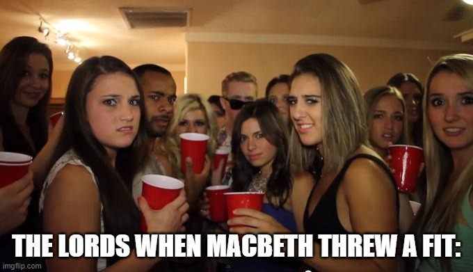 Macbeth meme | THE LORDS WHEN MACBETH THREW A FIT: | image tagged in party girls looking at you pov | made w/ Imgflip meme maker