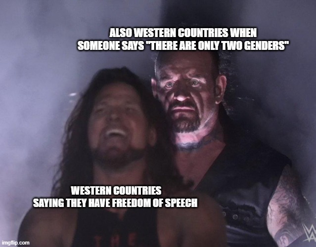 Speech My honour | ALSO WESTERN COUNTRIES WHEN SOMEONE SAYS "THERE ARE ONLY TWO GENDERS"; WESTERN COUNTRIES SAYING THEY HAVE FREEDOM OF SPEECH | image tagged in undertaker | made w/ Imgflip meme maker