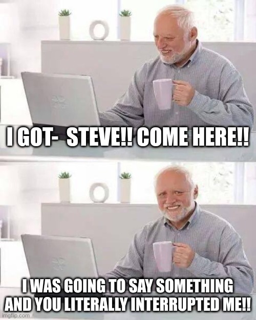 Hide the Pain Harold | I GOT-  STEVE!! COME HERE!! I WAS GOING TO SAY SOMETHING AND YOU LITERALLY INTERRUPTED ME!! | image tagged in memes,hide the pain harold | made w/ Imgflip meme maker