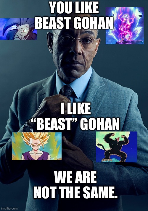 Beast Gohan (we are not the same) | YOU LIKE BEAST GOHAN; I LIKE “BEAST” GOHAN; WE ARE NOT THE SAME. | image tagged in gus fring we are not the same,dragonball,gohan,meme,anime | made w/ Imgflip meme maker