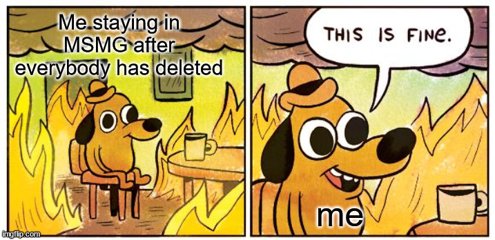 This Is Fine | Me staying in MSMG after everybody has deleted; me | image tagged in memes,this is fine | made w/ Imgflip meme maker