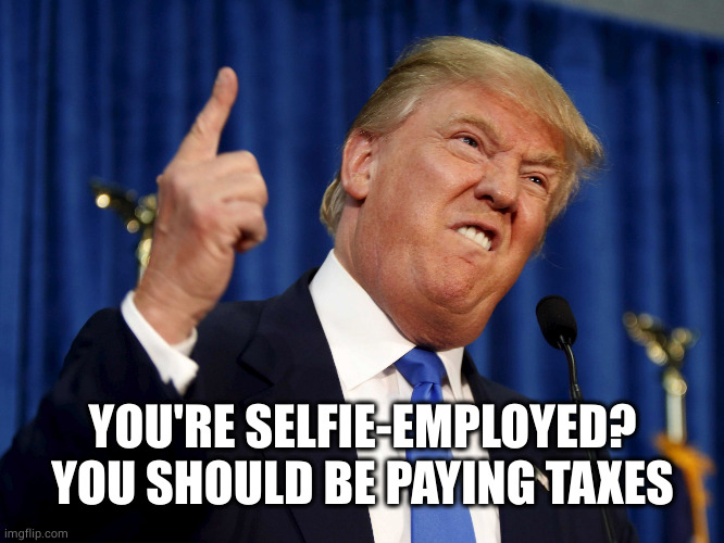 Donald Trump mad | YOU'RE SELFIE-EMPLOYED?
YOU SHOULD BE PAYING TAXES | image tagged in donald trump mad | made w/ Imgflip meme maker