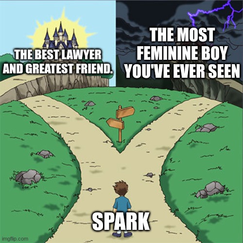 Two Paths | THE MOST FEMININE BOY YOU'VE EVER SEEN; THE BEST LAWYER AND GREATEST FRIEND. SPARK | image tagged in two paths | made w/ Imgflip meme maker