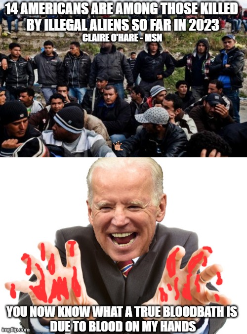 Joe's Actual Bloodbath in USA | 14 AMERICANS ARE AMONG THOSE KILLED
 BY ILLEGAL ALIENS SO FAR IN 2023; CLAIRE O'HARE - MSN; YOU NOW KNOW WHAT A TRUE BLOODBATH IS 
DUE TO BLOOD ON MY HANDS | image tagged in immigrants,joe biden,illegal,leftists,liberals,democrats | made w/ Imgflip meme maker
