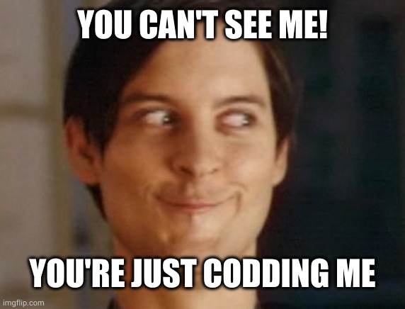 Spiderman Peter Parker Meme | YOU CAN'T SEE ME! YOU'RE JUST CODDING ME | image tagged in memes,spiderman peter parker | made w/ Imgflip meme maker