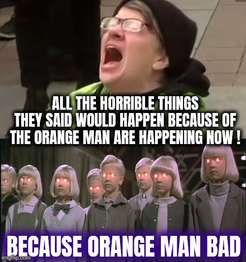 Let's give Illegals guns | ALL THE HORRIBLE THINGS THEY SAID WOULD HAPPEN BECAUSE OF THE ORANGE MAN ARE HAPPENING NOW ! BECAUSE ORANGE MAN BAD | image tagged in screaming liberal,children of the corn,cult,orange man bad,destructivr,mindless | made w/ Imgflip meme maker