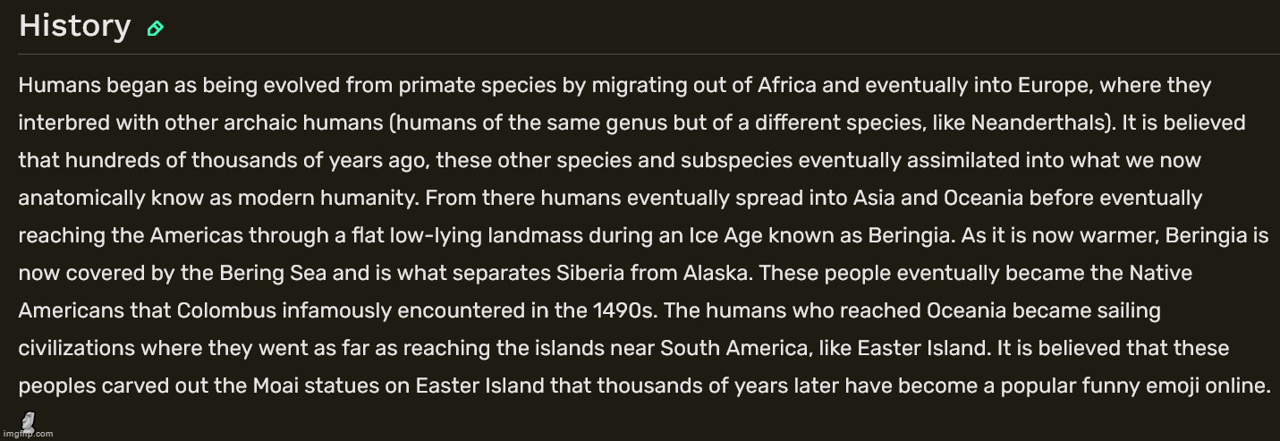 Rate my description of humanity's history in the MSMG wiki | made w/ Imgflip meme maker