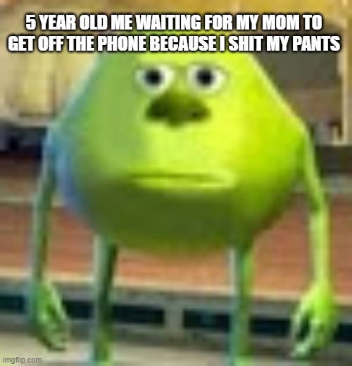 Sully Wazowski | 5 YEAR OLD ME WAITING FOR MY MOM TO GET OFF THE PHONE BECAUSE I SHIT MY PANTS | image tagged in sully wazowski | made w/ Imgflip meme maker
