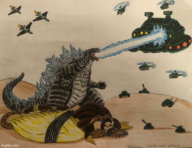 Godzilla saves Sekhmet from Poachers (Art by BozzerKazooers) | made w/ Imgflip meme maker