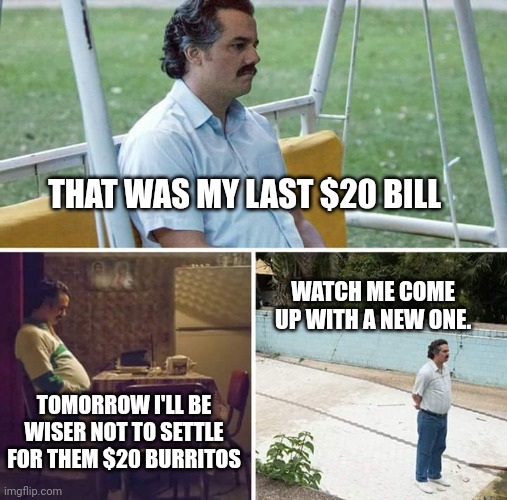 Sad Pablo Escobar | THAT WAS MY LAST $20 BILL; WATCH ME COME UP WITH A NEW ONE. TOMORROW I'LL BE WISER NOT TO SETTLE FOR THEM $20 BURRITOS | image tagged in memes,sad pablo escobar | made w/ Imgflip meme maker