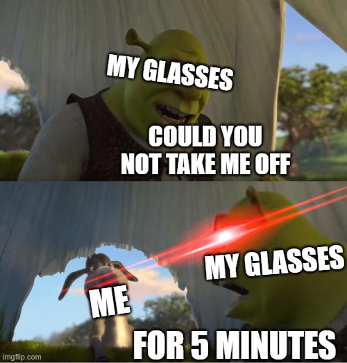 Shrek For Five Minutes | MY GLASSES; COULD YOU NOT TAKE ME OFF; MY GLASSES; ME; FOR 5 MINUTES | image tagged in shrek for five minutes | made w/ Imgflip meme maker