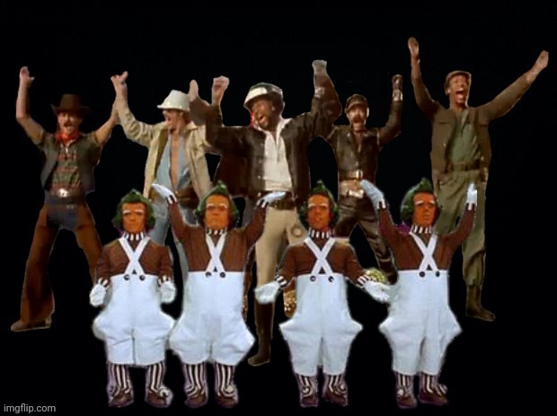 That Time The Village People Toured With The Oompa Loompa's | image tagged in willy wonka,village people | made w/ Imgflip meme maker