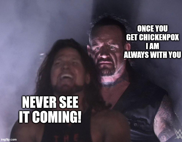 undertaker | ONCE YOU GET CHICKENPOX I AM ALWAYS WITH YOU; NEVER SEE IT COMING! | image tagged in undertaker | made w/ Imgflip meme maker