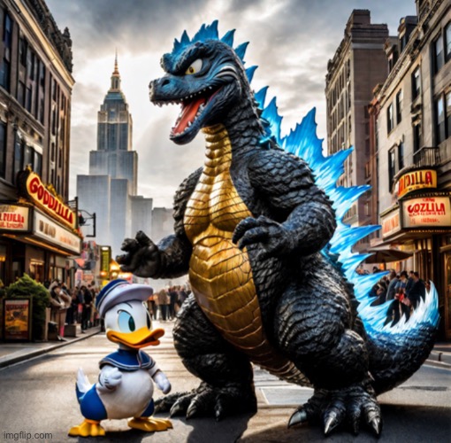 Godzilla and Donald Duck (By Ai) | image tagged in godzilla,donald duck,ai | made w/ Imgflip meme maker