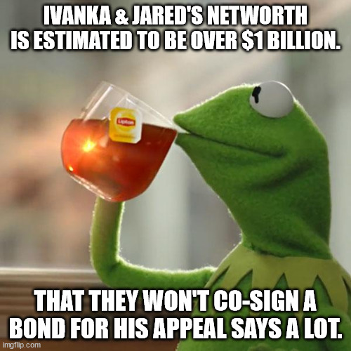 But That's None Of My Business | IVANKA & JARED'S NETWORTH IS ESTIMATED TO BE OVER $1 BILLION. THAT THEY WON'T CO-SIGN A BOND FOR HIS APPEAL SAYS A LOT. | image tagged in memes,but that's none of my business,kermit the frog | made w/ Imgflip meme maker