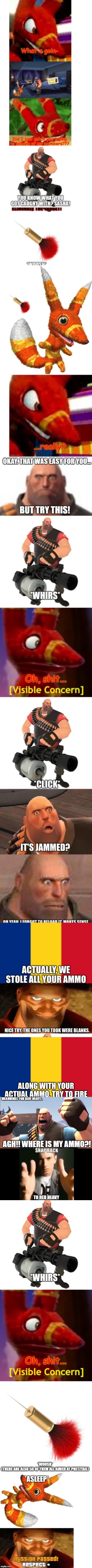 B L U E | MEANWHILE, FOR BLUE HEAVY... AGH!! WHERE IS MY AMMO?! TO RED HEAVY | image tagged in tf2 battle ready heavy,snap back to reality | made w/ Imgflip meme maker