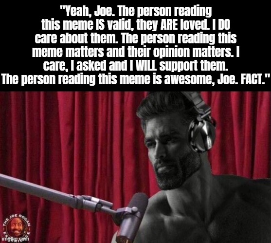 Gigachad on Joe Rogan | "Yeah, Joe. The person reading this meme IS valid, they ARE loved. I DO care about them. The person reading this meme matters and their opinion matters. I care, I asked and I WILL support them. The person reading this meme is awesome, Joe. FACT." | image tagged in gigachad on joe rogan | made w/ Imgflip meme maker