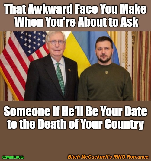 Bitch McCucknell's RINO Romance [PSC] | That Awkward Face You Make 

When You're About to Ask; Someone If He'll Be Your Date 

to the Death of Your Country; Bitch McCucknell's RINO Romance; OzwinEVCG | image tagged in want my country back,america first,mitch mcconnell,volodymyr zelensky,rinos,war in ukraine | made w/ Imgflip meme maker