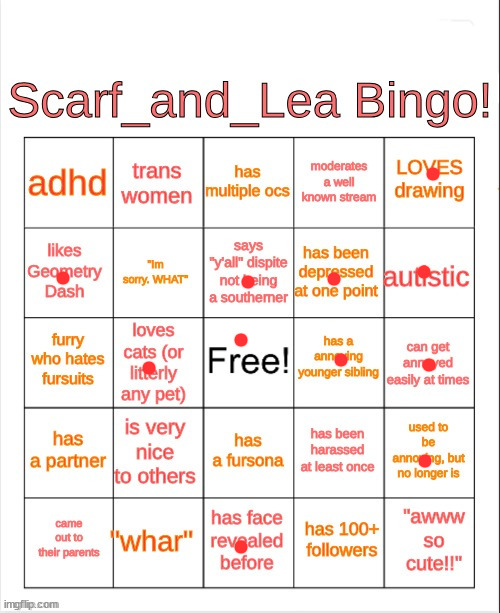 Scarf_and_Lea Bingo | image tagged in scarf_and_lea bingo | made w/ Imgflip meme maker