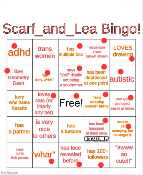 Scarf_and_Lea Bingo | NOT SEXUALLY | image tagged in scarf_and_lea is kinda an l | made w/ Imgflip meme maker
