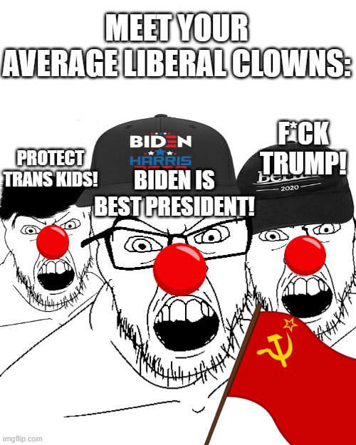 Go ahead, shake their corrupt hands! | MEET YOUR AVERAGE LIBERAL CLOWNS:; PROTECT TRANS KIDS! F*CK TRUMP! BIDEN IS BEST PRESIDENT! | image tagged in angry soyjaks,dumb,liberals,sheeple,clowns,stupid liberals | made w/ Imgflip meme maker
