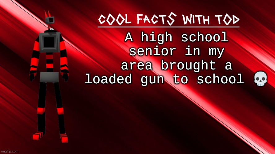 america lore | A high school senior in my area brought a loaded gun to school 💀 | image tagged in cool facts with tod | made w/ Imgflip meme maker