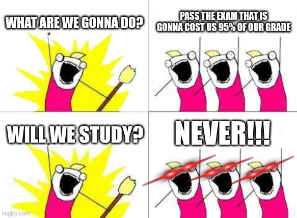 What Do We Want | WHAT ARE WE GONNA DO? PASS THE EXAM THAT IS GONNA COST US 95% OF OUR GRADE; NEVER!!! WILL WE STUDY? | image tagged in memes,what do we want | made w/ Imgflip meme maker