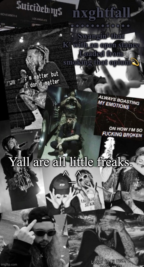 Yall are all little freaks. 


^_^ | image tagged in nxghtfall b | made w/ Imgflip meme maker