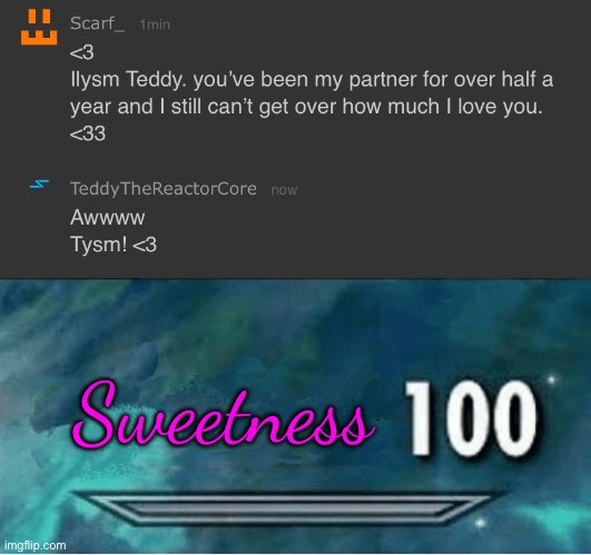 THIS is the main reason why I'm still on this site | Sweetness | image tagged in skyrim 100 blank | made w/ Imgflip meme maker