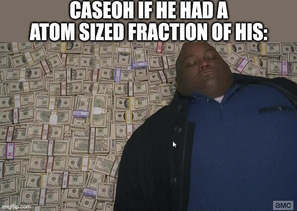 fat rich man laying down on money | CASEOH IF HE HAD A ATOM SIZED FRACTION OF HIS: | image tagged in fat rich man laying down on money | made w/ Imgflip meme maker