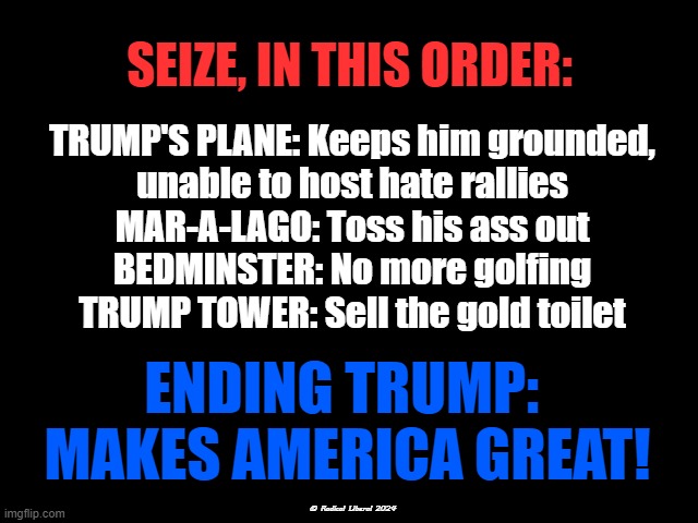 Ending Trump: Makes America Great! | SEIZE, IN THIS ORDER:; TRUMP'S PLANE: Keeps him grounded,
unable to host hate rallies
MAR-A-LAGO: Toss his ass out
BEDMINSTER: No more golfing
TRUMP TOWER: Sell the gold toilet; ENDING TRUMP: 
MAKES AMERICA GREAT! © Radical Liberal 2024 | image tagged in trump the rapist,trump the fraud,trump the liar,trump the loser,trump is bankrupt,everything must go | made w/ Imgflip meme maker