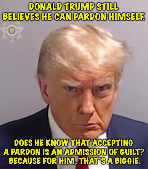 Anything to stay out of the slammer. | DONALD TRUMP STILL BELIEVES HE CAN PARDON HIMSELF. DOES HE KNOW THAT ACCEPTING A PARDON IS AN ADMISSION OF GUILT?  BECAUSE FOR HIM, THAT'S A BIGGIE. | image tagged in donald trump mugshot | made w/ Imgflip meme maker