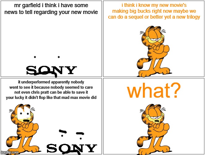 garfield's new movie is gonna suffer franchise fatigue | mr garfield i think i have some news to tell regarding your new movie; i think i know my new movie's making big bucks right now maybe we can do a sequel or better yet a new trilogy; it underperformed apparently nobody went to see it because nobody seemed to care not even chris pratt can be able to save it your lucky it didn't flop like that mad max movie did; what? | image tagged in memes,blank comic panel 2x2,garfield,prediction,franchise fatigue,sony | made w/ Imgflip meme maker