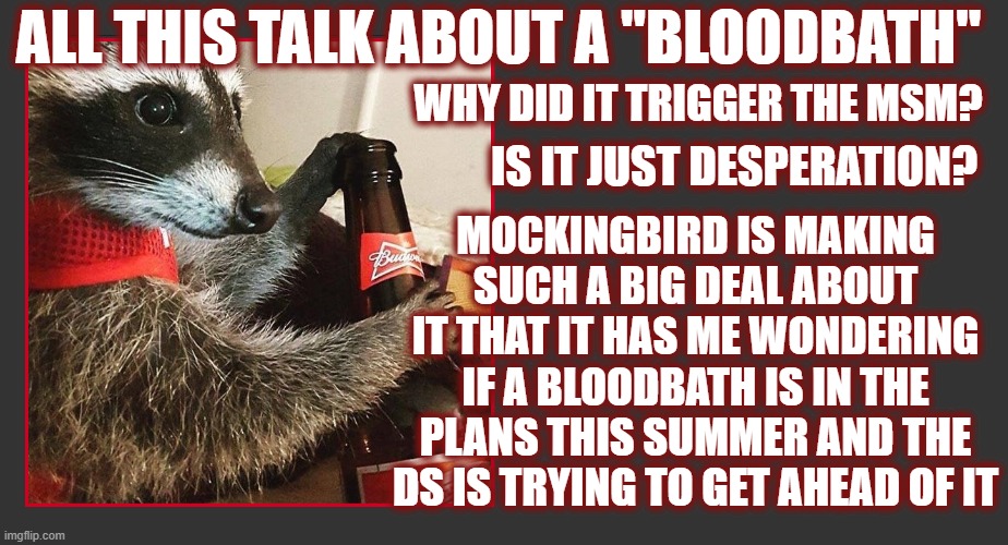 Predictive Programming? | ALL THIS TALK ABOUT A "BLOODBATH"; WHY DID IT TRIGGER THE MSM? MOCKINGBIRD IS MAKING SUCH A BIG DEAL ABOUT IT THAT IT HAS ME WONDERING IF A BLOODBATH IS IN THE PLANS THIS SUMMER AND THE DS IS TRYING TO GET AHEAD OF IT; IS IT JUST DESPERATION? | image tagged in politics 2024,bloodbath,mockingbird media,silent war,ncswic | made w/ Imgflip meme maker