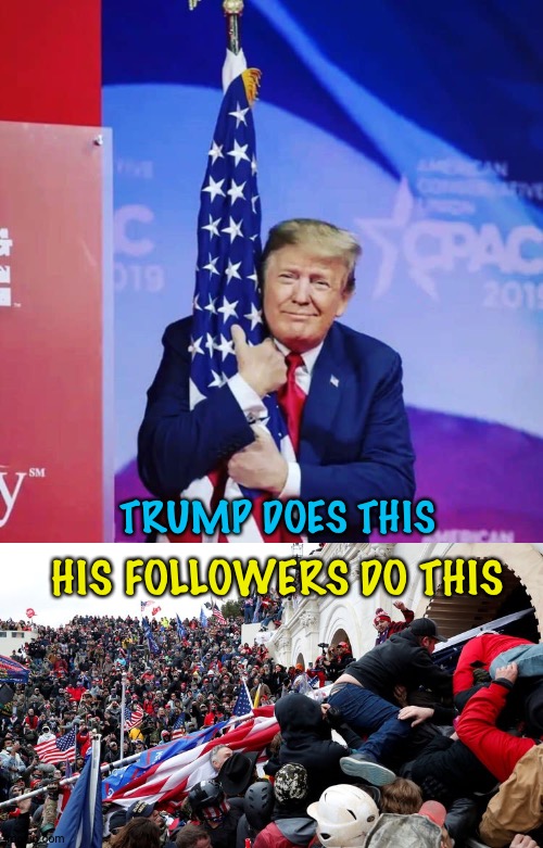 Either way it's desecration | TRUMP DOES THIS; HIS FOLLOWERS DO THIS | image tagged in capitol riot | made w/ Imgflip meme maker