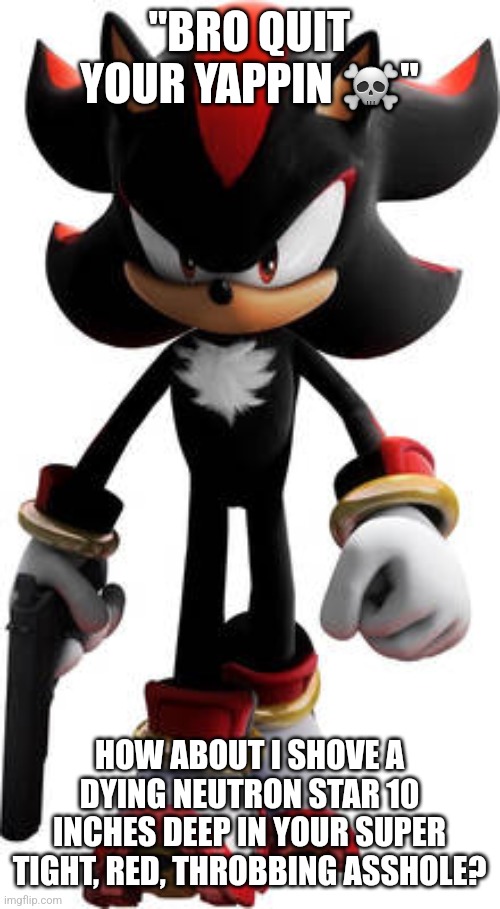 a | "BRO QUIT YOUR YAPPIN ☠️"; HOW ABOUT I SHOVE A DYING NEUTRON STAR 10 INCHES DEEP IN YOUR SUPER TIGHT, RED, THROBBING ASSHOLE? | image tagged in shadow the hedgehog walking with gun | made w/ Imgflip meme maker