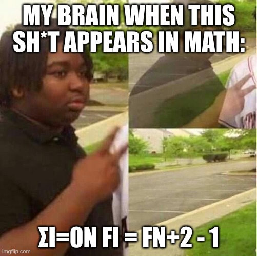 MY BRAIN WHEN THIS SH*T APPEARS IN MATH:; ΣI=0N FI = FN+2 - 1 | image tagged in relatable memes | made w/ Imgflip meme maker