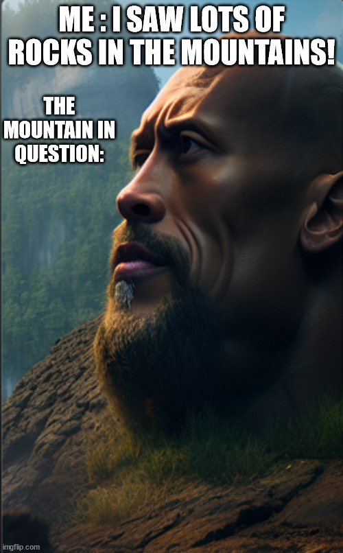 When you love rocks | ME : I SAW LOTS OF ROCKS IN THE MOUNTAINS! THE MOUNTAIN IN QUESTION: | image tagged in the rock,dwayne johnson,mountain,rocks,rock | made w/ Imgflip meme maker